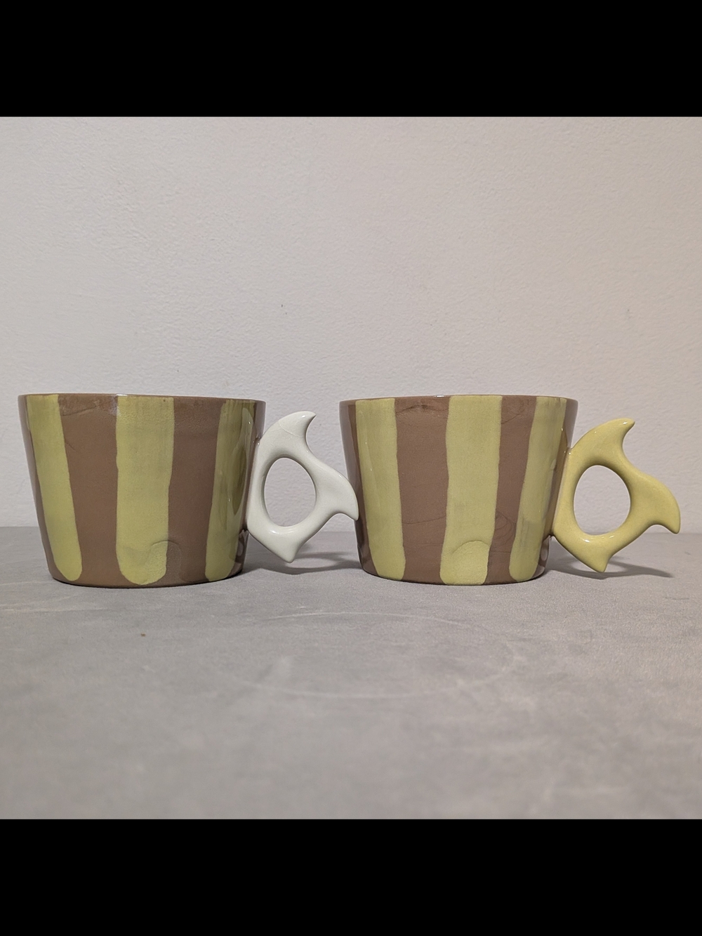 John Quick Penland 2024 Brown & Green Striped Unique Art Pottery Mugs Set Of 2